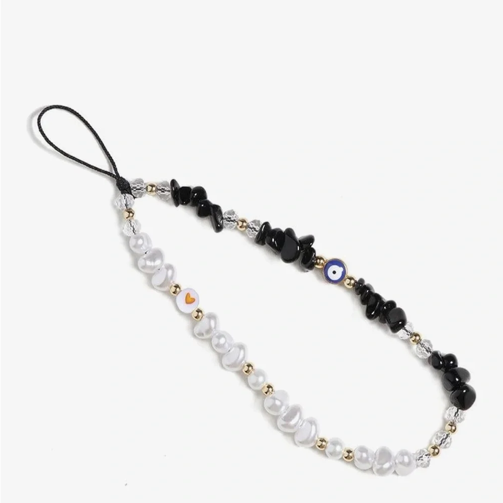 Phone Charm Strap Black and White Beaded
